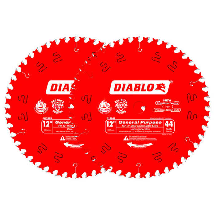 Diablo D124444VP General Purpose Carbide Circular Saw Blade with Perma-Shield Non-Stick Coating - 12" x 44-Tooth (Pack of 2)