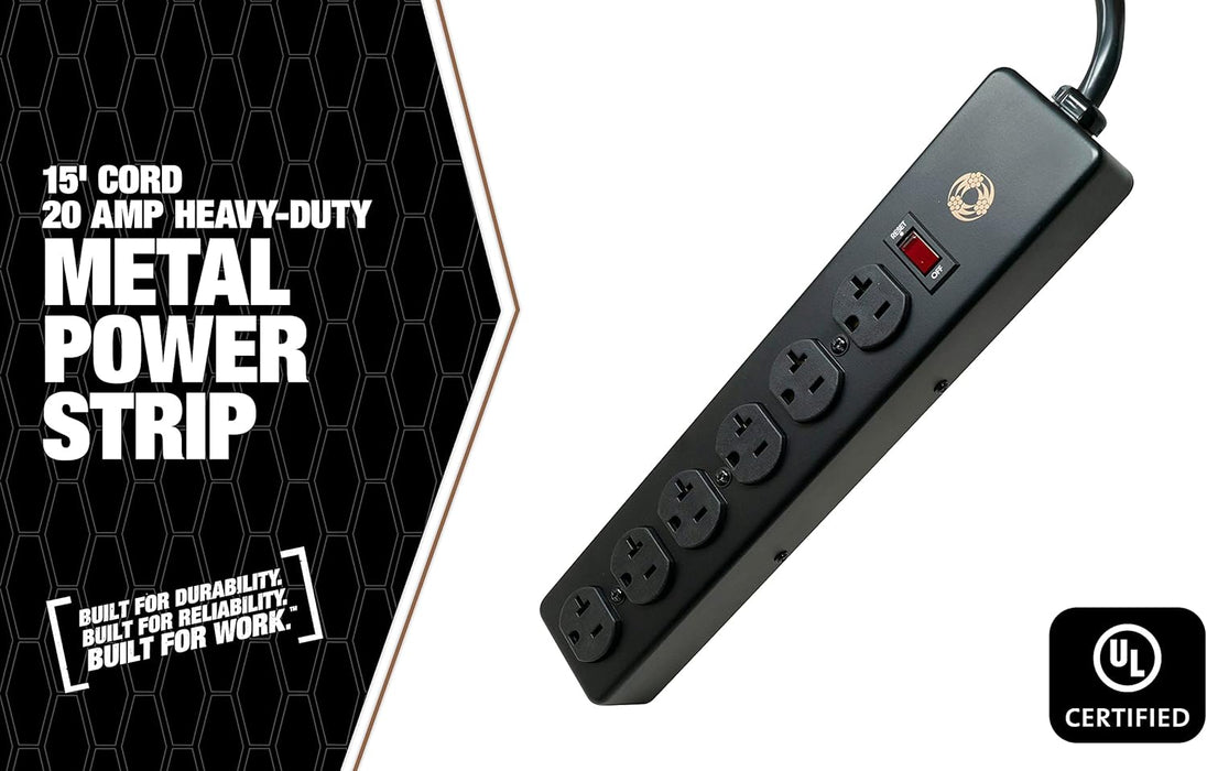 Southwire 5122 20 Amp Rated, 6 Outlet all Metal Power Strip with NEMA 5-20 P&R, 15-foot 12/3 Cord Black 15 ft 6-Outlet 20 Amp