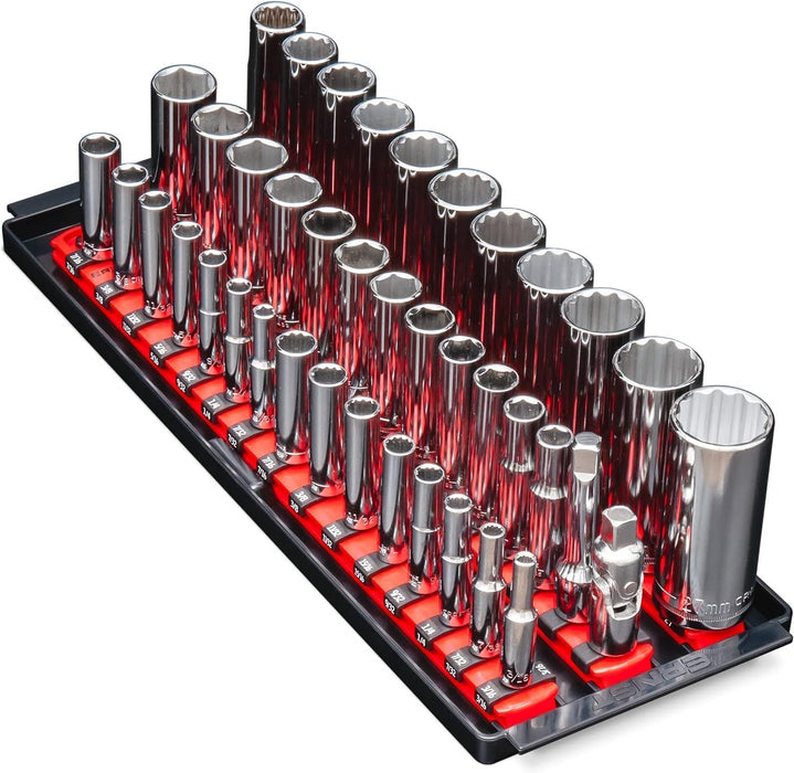 Ernst Manufacturing 8490 Socket Boss: 3-Rail Socket Organizer Tool Tray with 40 Clips (1/4", 3/8", 1/2") - Red, 13-Inch Rails for Toolbox Storage - Made in USA