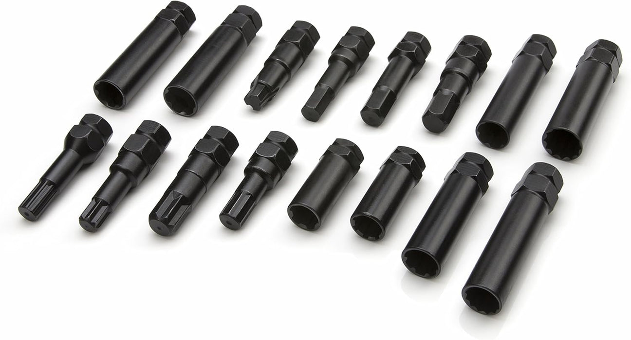 Steelman Pro 78537 16-Piece Locking Lug Nut Master Key Set for Auto Mechanics Variety of Spline Star and Hex Style Keys, Thin-Walled/Extra-Long Lug Keys, Double-Hex Heads