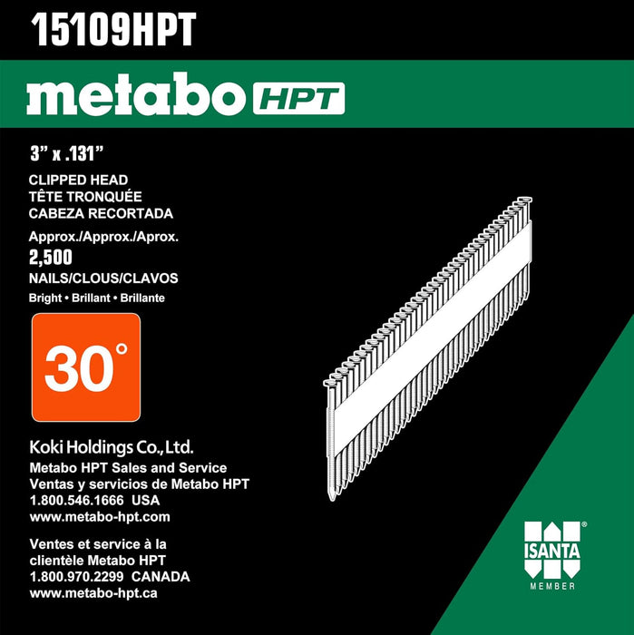 Metabo HPT Framing Nails | 3-in x 0.131-in | 30 Degree | Clipped Head | Bright | Smooth | Collated | 2500-Per Box | 15109HPT