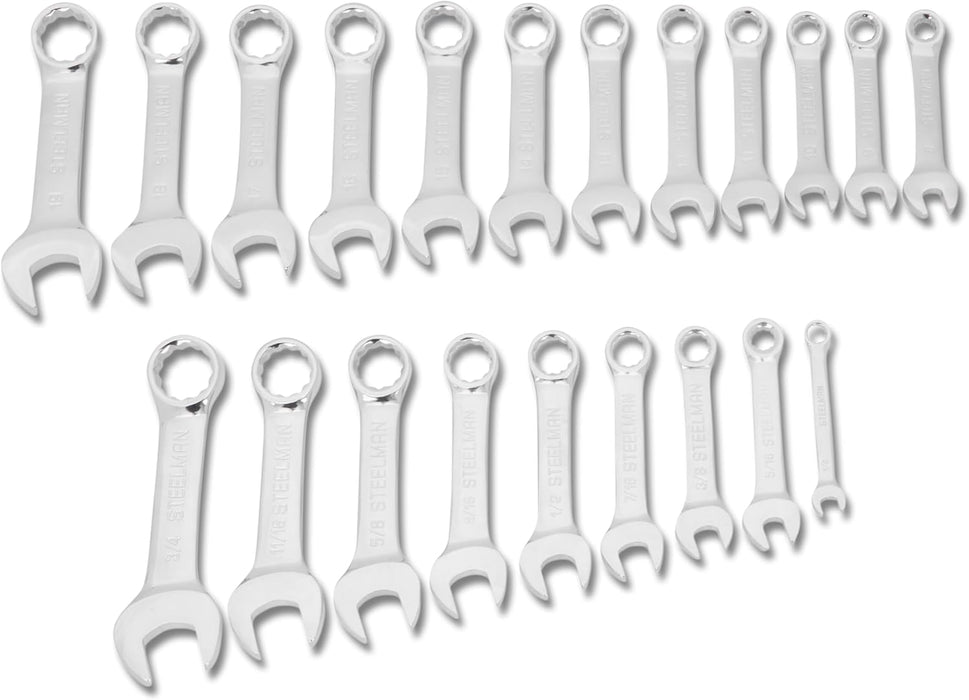 Steelman 82576 21-Piece Stubby Combination Wrench Set with Storage Roll, Metric & SAE, 12-Point, 1/4-3/4" and 8-19mm