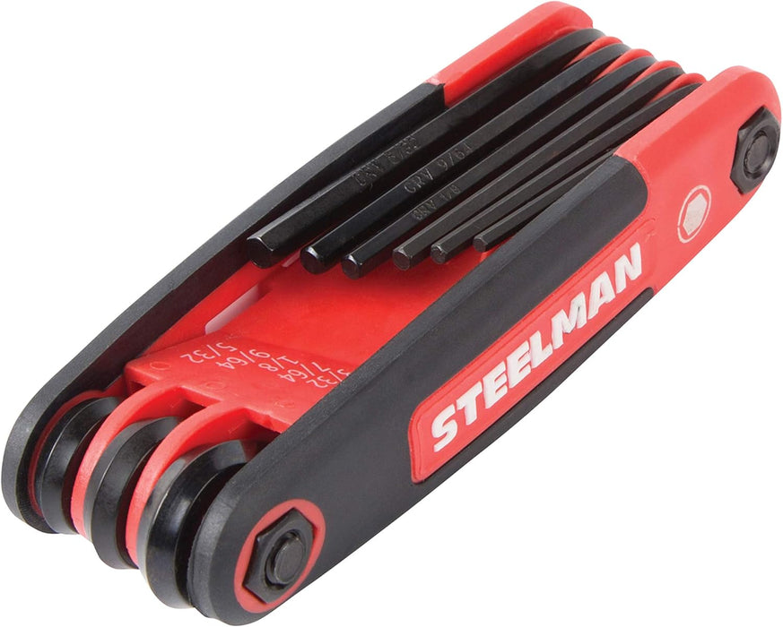 Steelman Portable Folding Hex Key Wrench Multi-Tool Standard (SAE), Set Includes 5/64, 3/32, 7/64, 1/8, 9/64, 5/32, 3/16, 7/32, 1/4-Inch, Chamfered Ends, Rubberized Grip