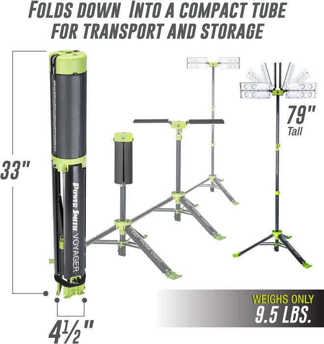 PowerSmith Voyager PVLR8000A 8000 Lumen Collapsible Cordless Tripod LED Work Light with Battery, Charger & Carry Bag Included. Optional 3-Way Power, Remote Control , Black