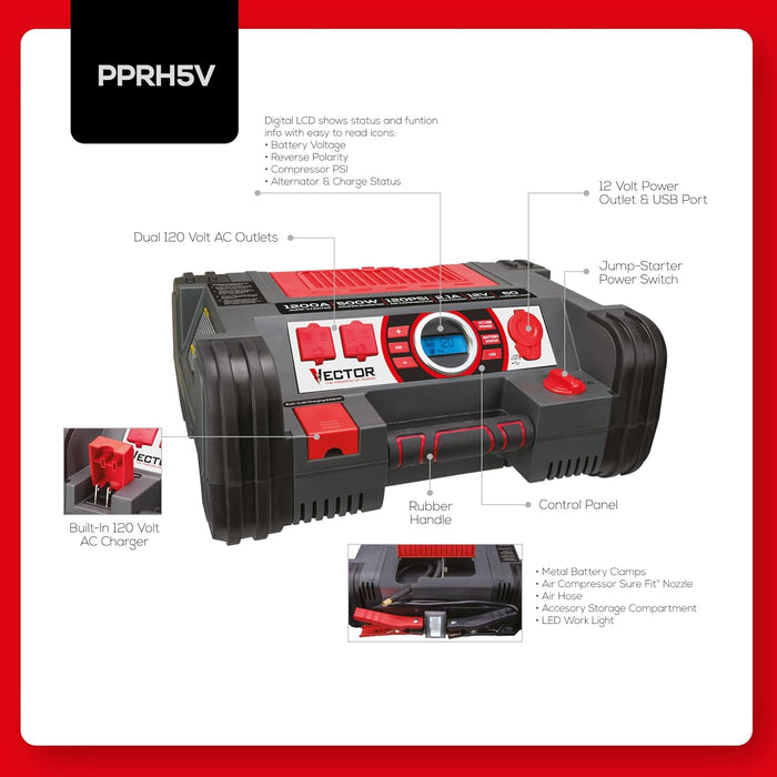 Vector PPRH5V 1200 Peak Amp Automotive Jump Starter, Portable Power – 10W USB Port, 500W Inverter, 120 PSI Air Compressor