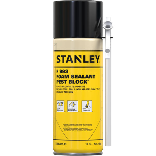 Stanley F993 Expanding Foam Sealant Spray, Gaps & Cracks Filler, PestBlocker for Indoor/Outdoor Use, Paintable, Waterproof, Polyurethane Insulation Foam with Straw Applicator, 12 oz (Pack of 1)