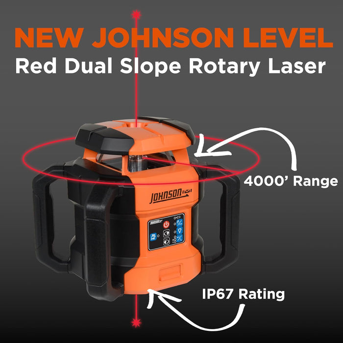 Johnson JRT300-RDHV-K Self-Leveling Red Dual Slope Rotary Laser Kit, 4,000FT Range, Hard-shell Carry Case, Lithium Ion Batteries, Magnetic Target, Laser Detector, Remote Control