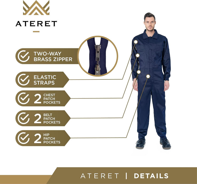 ATERET I Flame Resistant FR Coverall, Lightweight 7 oz, 100% cotton, FR treated I (Large, Navy Blue)