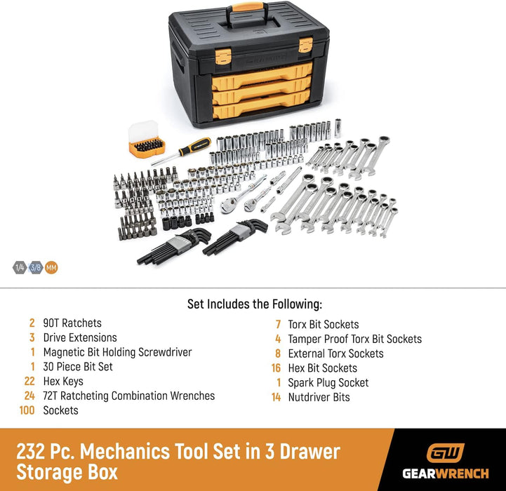 GEARWRENCH 80944 Mechanics Tool Set in 3 Drawer Storage Box, 232 Piece