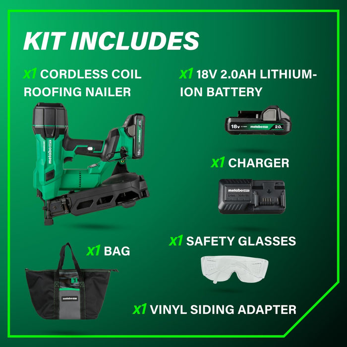 Metabo HPT 18V MultiVolt Cordless Coil Roofing Nailer Kit, 500 Nails Per Charge, Up to 1-3/4-Inch Roofing Nails, Includes Vinyl Siding Adapter, NV1845DA