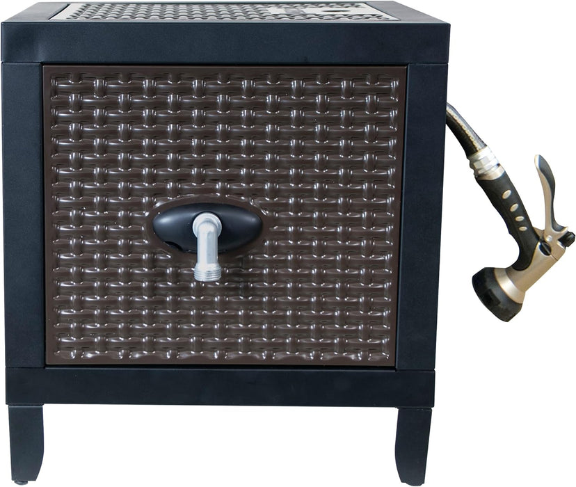 AMES NeverLeak Hose Reel Cabinet Box, 100 Ft. Capacity, Decorative with Wicker Look, Auto Track Rewinding, Black Metal