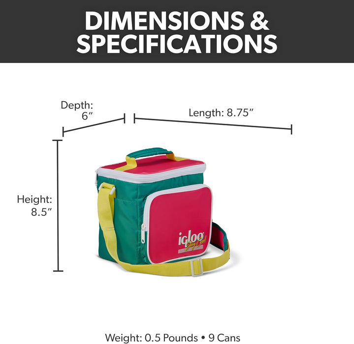 Igloo 000654790 Retro 90s Lunch Coolers, Insulated Lunch Bag, Square Lunch Box Cooler with Front Pocket & Adjustable Strap Neon