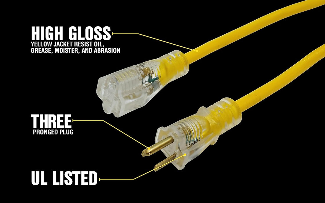 Yellow Jacket 64824801 Heavy Duty Extension Cord, 25Ft, 12 Gauge, 3 Conductor, Lighted End, Weather Resistant, SJTW, Yellow