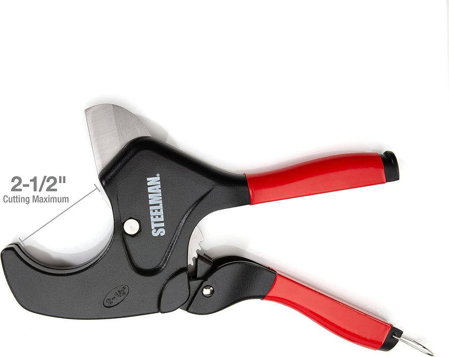 Steelman 42565 PVC Pipe Cutter Tool, Cuts 2.5-inch Plastic Tube, Ratcheting, Stainless Steel Blade