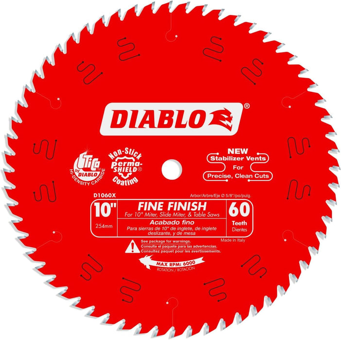 Diablo Fine Finish Saw Blade for Wood - Ultra-Smooth Cuts, 60 Hi-ATB Teeth, 10" Diameter, .098" Kerf, 5/8" Arbor - D1060X