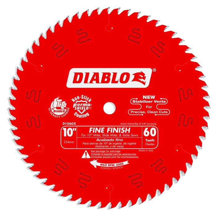 Diablo Fine Finish Saw Blade for Wood - Ultra-Smooth Cuts, 60 Hi-ATB Teeth, 10" Diameter, .098" Kerf, 5/8" Arbor - D1060X