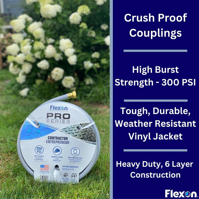 Flexon CG5825 5/8" x 25-Foot Contractor Grade Garden Hose – Heavy-Duty, Kink-Resistant, High Burst Strength, Scuff-Resistant Outer Jacket, Crush-Proof Brass Fittings, Ideal for Landscaping and Job Sites