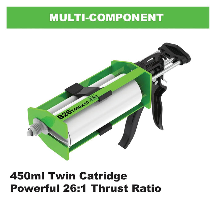 Albion Engineering Company B26T400X10 400 Series B-Line Manual Multi-Component Cartridge Epoxy Adhesive Gun, 10:1 Ratio (490 ml) 26:1 Manual Drive 10:1 (450-490 ml) Carts 7-1/4" x 2-21/32" & 27/32"