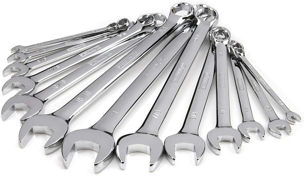 Steelman 78348 Pro 13-Piece SAE 6-Point Combination Wrench Set, 1/4, 5/16, 3/8, 7/16, 1/2, 9/16, 5/8, 11/16, 3/4, 13/16, 7/8, 15/16, and 1-inch Sizes, Full Polish Chrome
