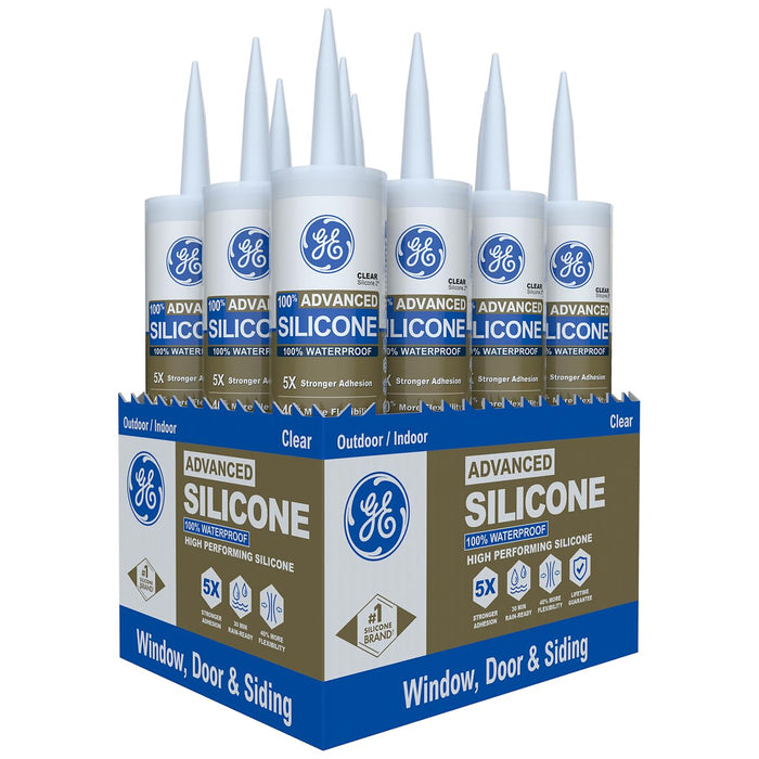 GE Advanced Silicone Caulk for Window & Door, Clear, 10 fl oz Cartridge - 100% Waterproof Silicone Sealant, 5X Stronger Adhesion, Shrink & Crack Proof (Pack of 12)