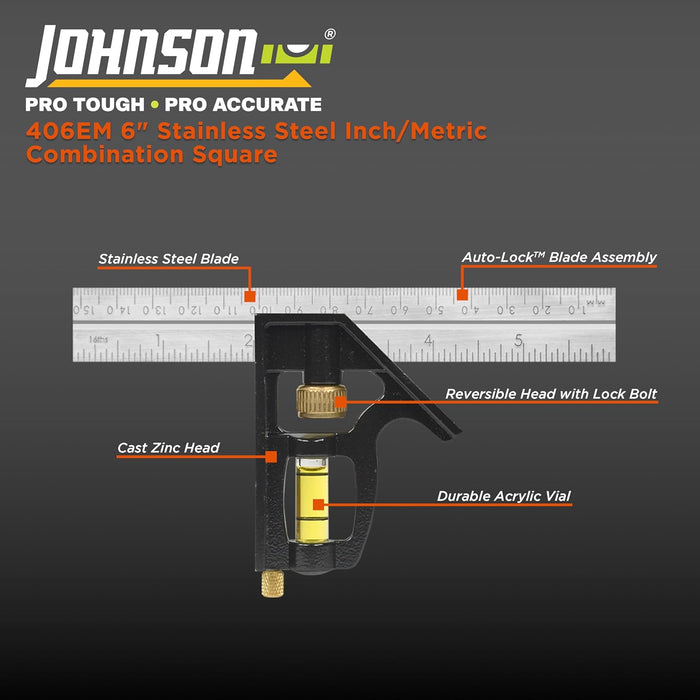 Johnson 406EM Professional Inch/Metric Combination Square, 6", Silver