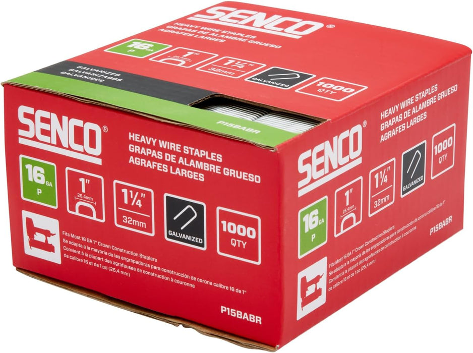 Senco P15BABR 1-1/4" 16 Gauge 1" Crown Heavy Wire Staples, Galvanized Finish (1,000 Count)
