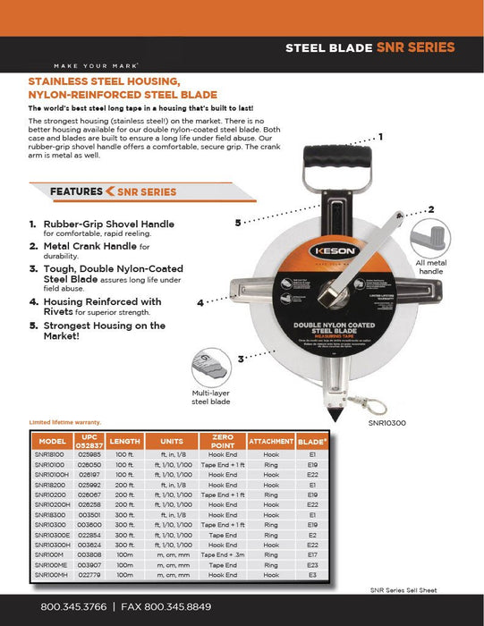Keson SNR18300 Nylon-Reinforced Steel Blade Tape Measure with Stainless Steel Housing with Hook End (Graduations: ft., in., 1/8), 300-Foot