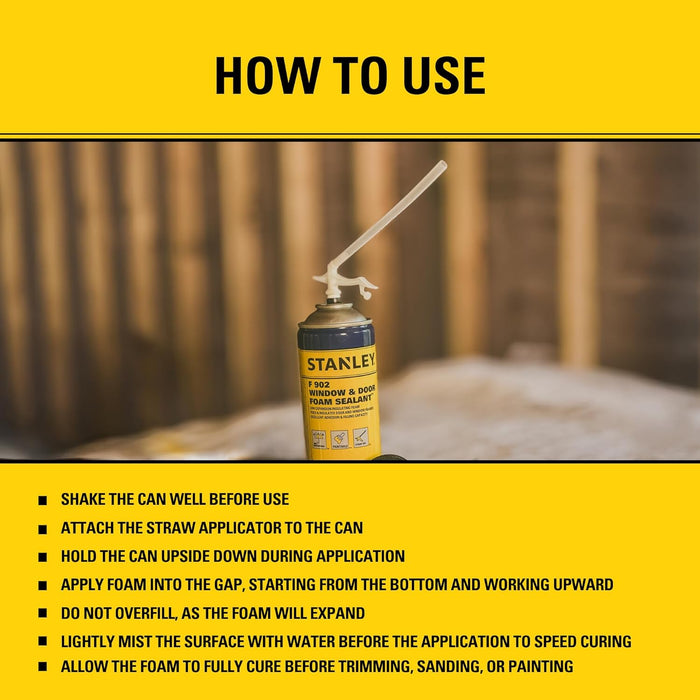 Stanley F993 Expanding Foam Sealant Spray, Gaps & Cracks Filler, PestBlocker for Indoor/Outdoor Use, Paintable, Waterproof, Polyurethane Insulation Foam with Straw Applicator, 12 oz (Pack of 1)