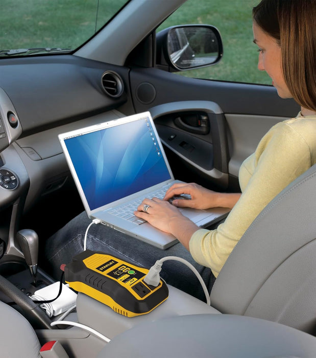 STANLEY PI500S Power Inverter 500W Car Converter: Dual AC Outlets, 3.1A USB Ports, 12V DC Adapter, Battery Clamps