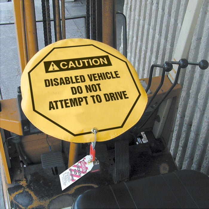 Accuform KDD831 Steering Wheel Cover for Lockout Tagout, OSHA-Style, "Danger DO NOT Start OR Move Vehicle...", Reinforced Vinyl, 24" Diameter