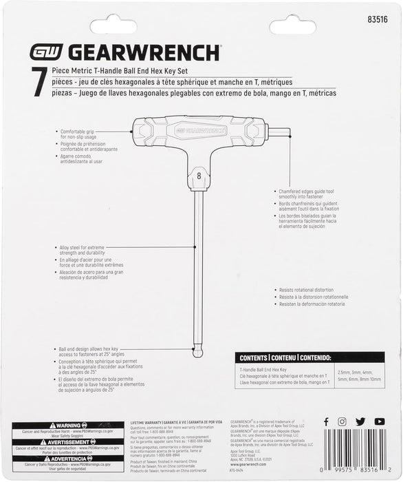 GEARWRENCH 83516 7 Piece Metric T-Handle Ball End Hex Key Set