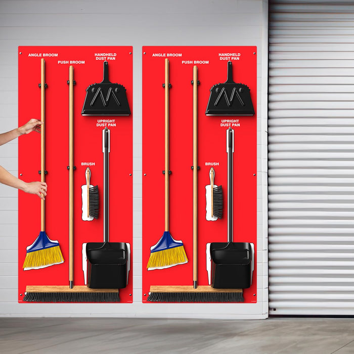 Clean & Sweep 5S Shadow Board/Wall Mount Broom Holder, 68" x 30" Board, 5S Cleaning Station - with Broom and Dustpan Set Included, PSB716RDWT Red/White Ultra Aluma-Lite