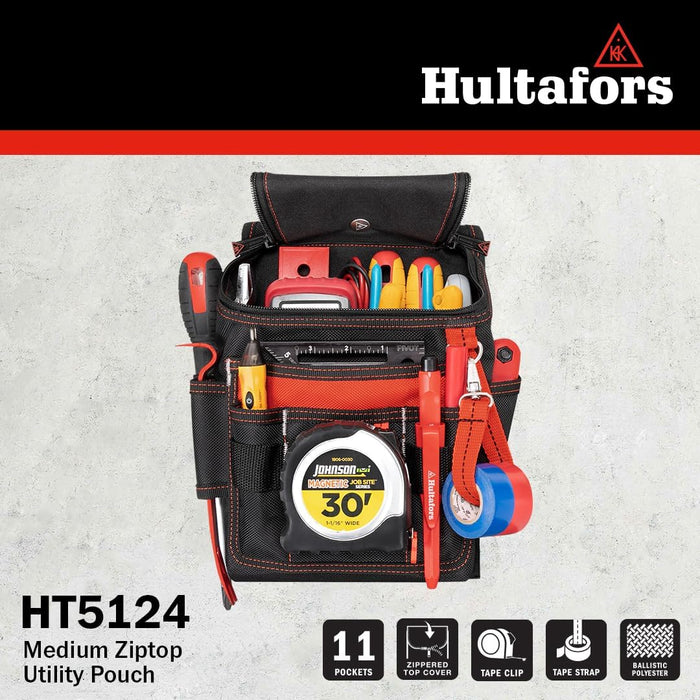 Hultafors Work Gear HT5124 Medium Ziptop Utility Pouch, Heavy Duty Ballistic Polyester, Double-Pull Zipper, Large Front Panel Pocket