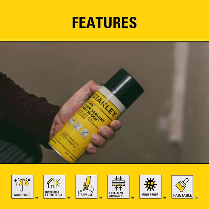 Stanley F993 Expanding Foam Sealant Spray, Gaps & Cracks Filler, PestBlocker for Indoor/Outdoor Use, Paintable, Waterproof, Polyurethane Insulation Foam with Straw Applicator, 12 oz (Pack of 1)