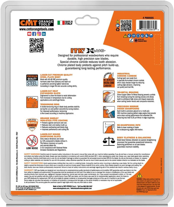 CMT P08060S ITK Plus Finish Sliding Compound Miter Saw Blade with 8-1/2 x 60 Teeth, 10-Degree ATB Shear and 5/8-Inch Bore