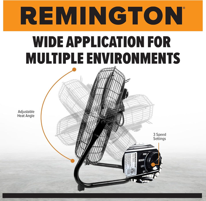 Remington 20REM-F High Velocity Floor Fan, 3 Speed Portable Cooling Unit, Heavy Duty Metal Airflow for Large Shops, Garages, and Warehouses, 20 Inch, Black