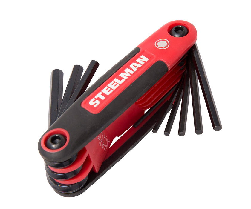 Steelman Portable Folding Hex Key Wrench Multi-Tool Standard (SAE), Set Includes 5/64, 3/32, 7/64, 1/8, 9/64, 5/32, 3/16, 7/32, 1/4-Inch, Chamfered Ends, Rubberized Grip