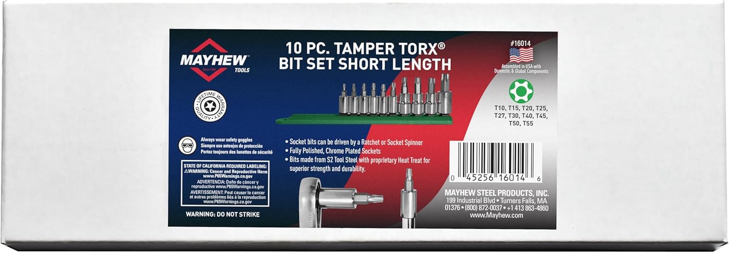Mayhew Tools 16014 Tamperproof Torx Socket Bit Set, Chrome Plated, 10-Piece