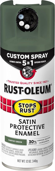 Rust-Oleum 383421 Stops Rust Custom Spray 5-in-1 Spray Paint, 12 oz, Satin Earthy Green (Pack of 1)