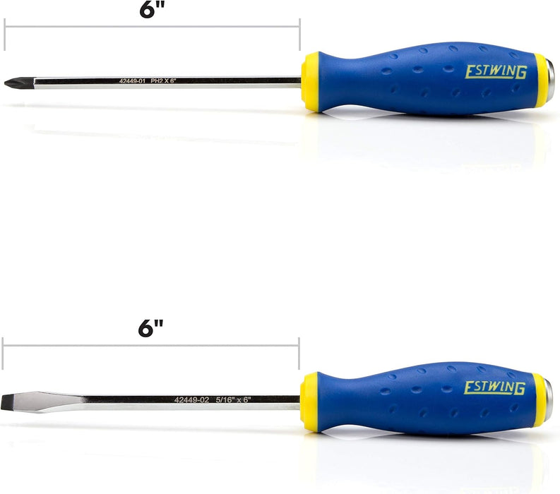 Estwing 42449 2-Piece Heavy-Duty Demolition Screwdriver Set, PH2 Phillips and 5/16-inch Slotted/Flat Blade, 6-inch Hex Chrome Vanadium Steel Shafts, Ergonomic Grip TPR Rubber Handles