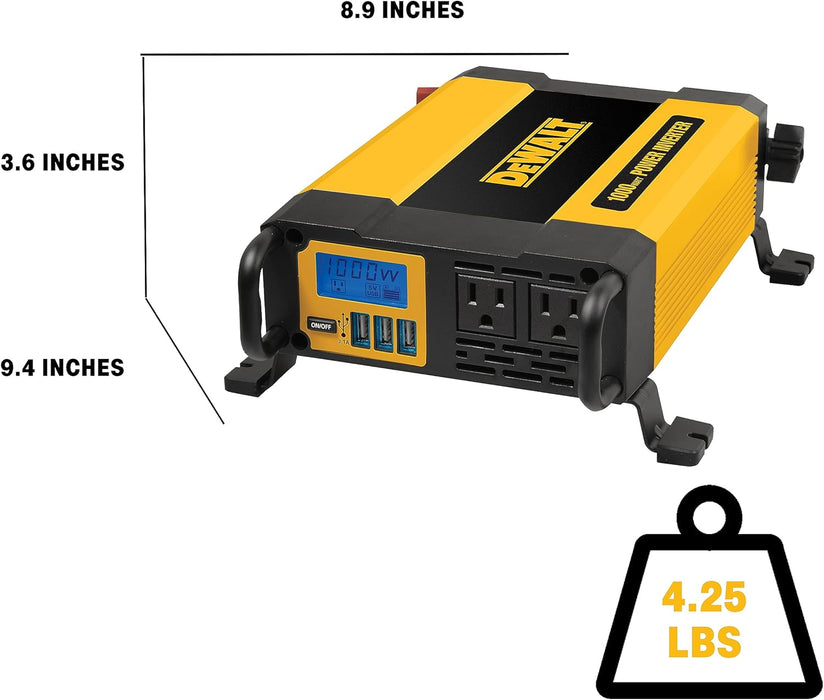 DEWALT DXAEPI1000 Power Inverter 1000W Car Converter with LCD Display: Dual 120V AC Outlets, 3.1A USB Ports, 12V DC Adapter, Battery Clamps