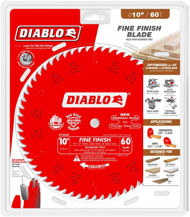 Diablo Fine Finish Saw Blade for Wood - Ultra-Smooth Cuts, 60 Hi-ATB Teeth, 10" Diameter, .098" Kerf, 5/8" Arbor - D1060X