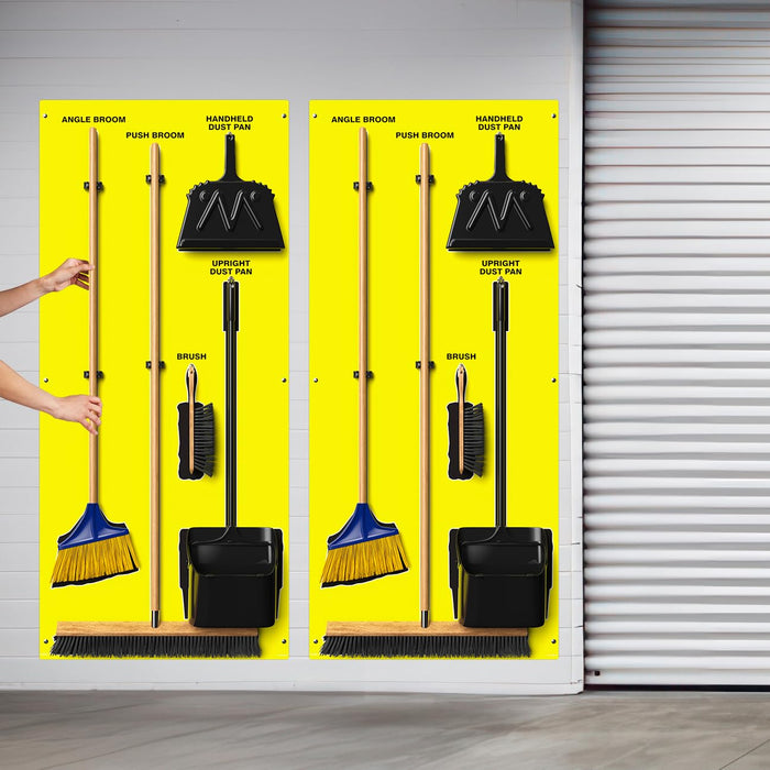 Clean & Sweep PSB616YLBK 5S Shadow Board/Wall Mount Broom Holder, 68" x 30" Board, 5S Cleaning Station - with Broom and Dustpan Set Included, Yellow/Black