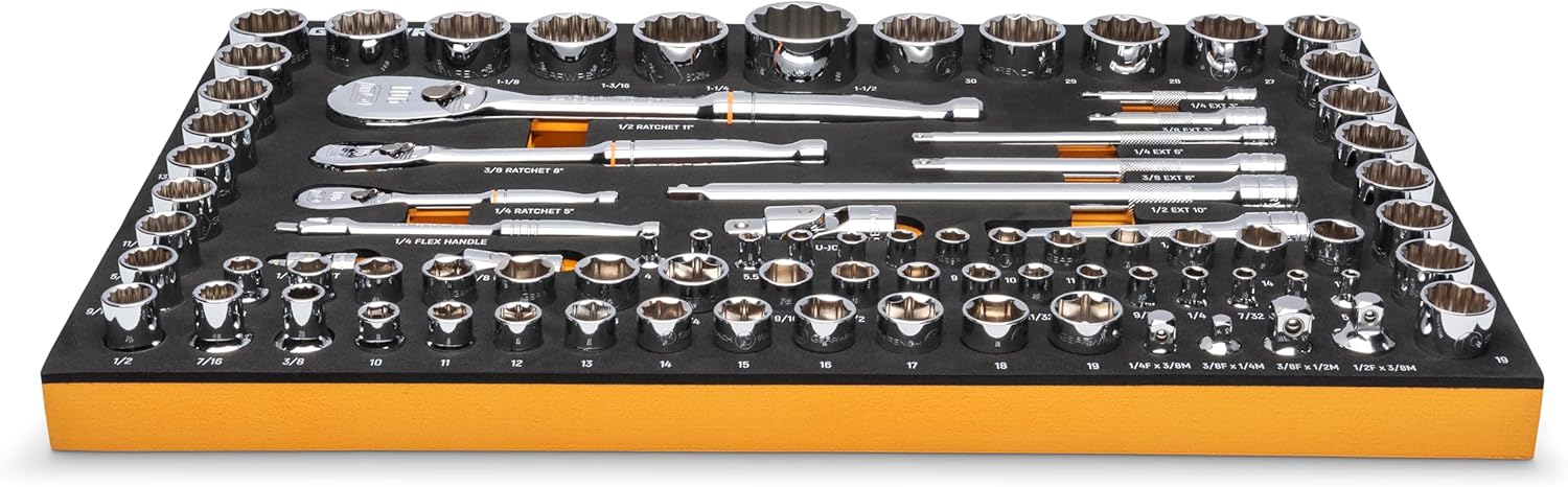 GEARWRENCH 83 Pc. 1/4, 3/8", 1/2" 90-Tooth SAE/Metric Mechanics Tool Set with EVA Foam Tray - 86529