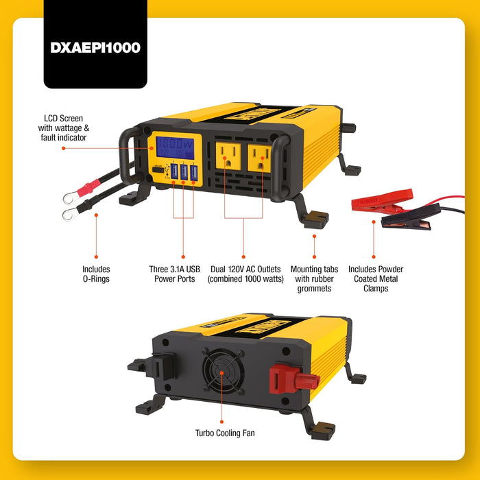 DEWALT DXAEPI1000 Power Inverter 1000W Car Converter with LCD Display: Dual 120V AC Outlets, 3.1A USB Ports, 12V DC Adapter, Battery Clamps