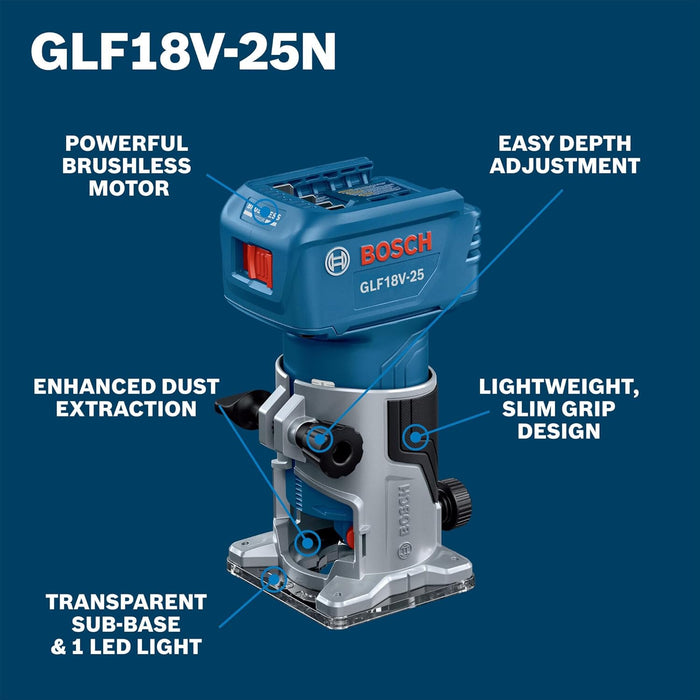 BOSCH GLF18V-25N 18V Laminate Trim Router - Powerful Brushless Motor, 10,000-30,000 RPM, Lightweight, Ergonomic, Enhanced Dust Extraction, Quick Depth Adjustments for Precise Trimming