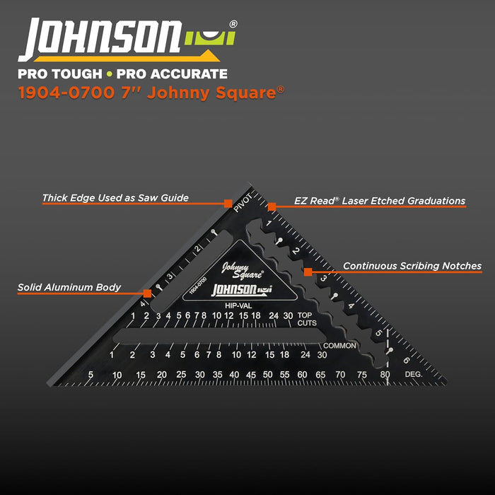 Johnson Level & Tool 1904-0700 Johnny Square Professional Easy-Read Aluminum Rafter Square, 7"