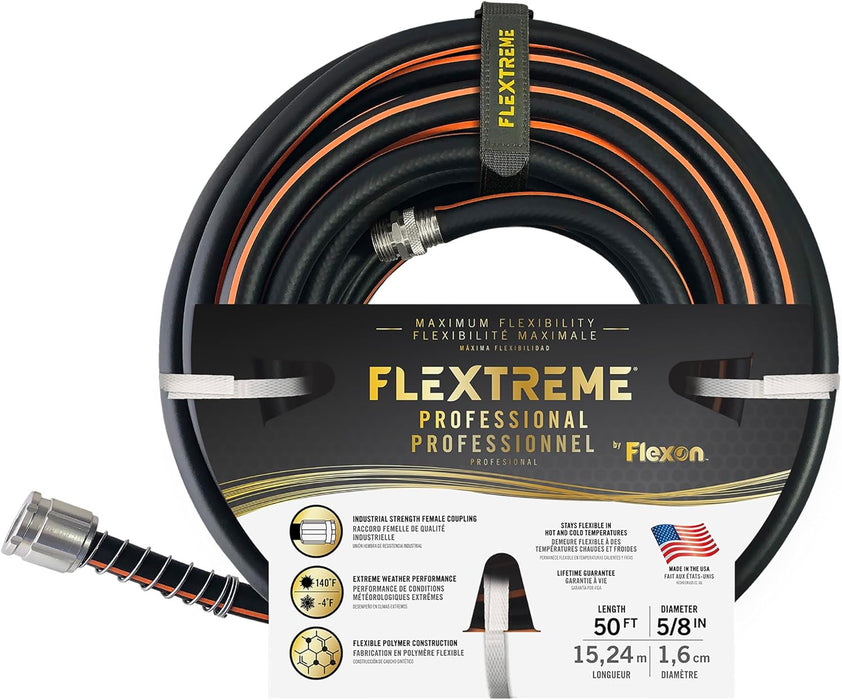 Flexon Flextreme Pro 5/8" x 50ft Performance Rubber Garden Hose – Heavy-Duty, Kink-Resistant, All-Weather Flexibility, Industrial-Grade Couplings, Durable Outdoor Watering Hose for Lawn & Garden 50 ft.