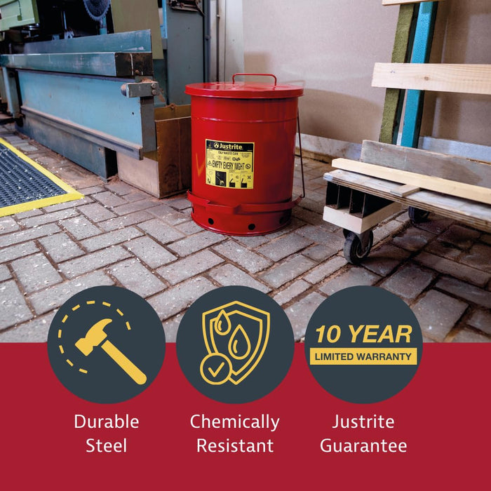 Justrite 21 Gallon Galvanized Steel Oily Waste Can, 23.5" x 18" Metal Oil Rag Safety Can with Foot Operated Self-Closing Lid for Oil Rag Disposal, Made in The USA, Red, 09700