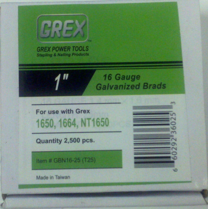 Grex GBN16-25 (T25) 1 In. 16 Ga. Brad Nails, Galvanized, 2.5M